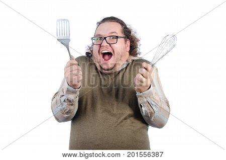 Crazy fat chef. Funny fat man. White background.
