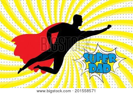 Silhouette of a flying superhero and super dad text in retro comic style .Stock vector illustration