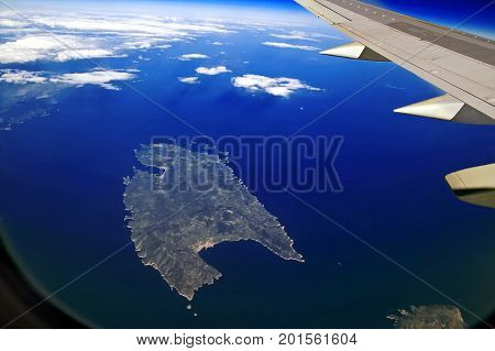 Islands in the Mediterranean Sea near the coast of Italy view from the plane