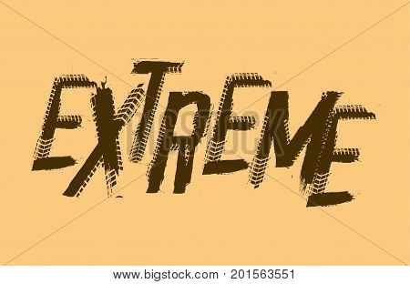 Off-Road extreme hand drawn grunge lettering. Tire tracks words made from unique letters. Beautiful vector illustration. Editable graphic element in brown colour.