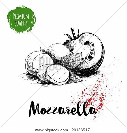 Hand drawn sketch style mozzarella cheese with basil leafs and half of tomato. Caprese salad ingredients. Vector organic food illustration poster. Quality italian product.