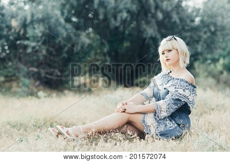 Charming Blonde Girl Blue Dress