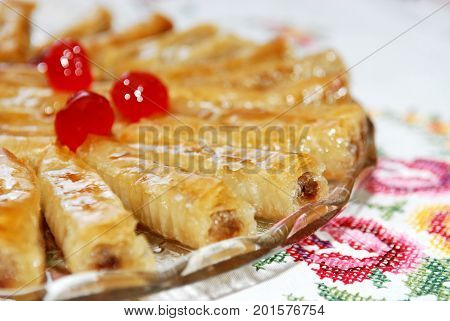 Traditional dessert Baklava on plat. Sweet dessert/
