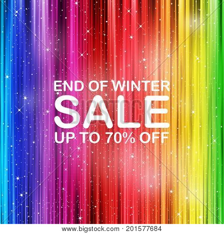 End of winter sale concept with discount and rainbow stripe background