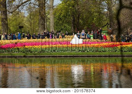 LISSE NETHERLANDS - APRIL 19 2017: Visitors at the Keukenhof Garden in Lisse Holland Netherlands.