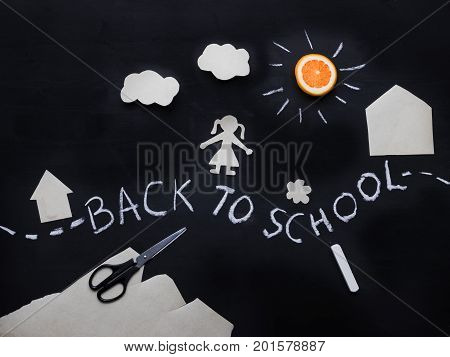 Back to school background with the child going to school. Children's creativity. View from above