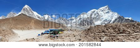 Panoramic view of Gorak Shep village an sherpas Mount Kala Patthar Pumo Ri Nuptse and others Sagarmatha national park Khumbu valley Nepal