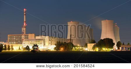 Night view of Jaslovske Bohunice nuclear power plant cooling towers Slovakia