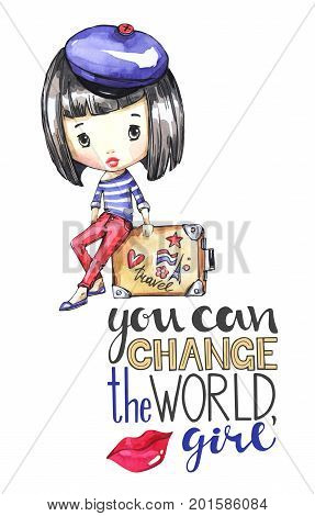 Hand drawn illustration. Watercolor card young girl with travel bag. Calligraphy words . Adventure, vacation.