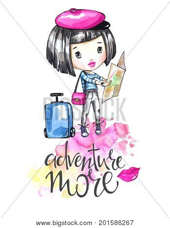 Watercolor illustration young girl with travel bag looking at map. Calligraphy words .