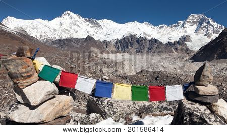 Mount Cho Oyu with prayer flags - way to Cho Oyu base camp gokyo valley Everest area Sagarmatha national park Khumbu valley Nepal