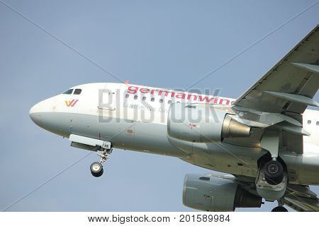Amsterdam the Netherlands - July 6th 2017: D-AKNK Germanwings Airbus A319 takeoff from Polderbaan runway Amsterdam Schiphol Airport