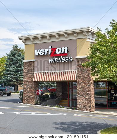 PLATTSBURGH USA - AUGUST 23 2017 : Verizon Wireless store and logo. Verizon Wireless is an American telecommunications company a wholly owned subsidiary of Verizon Communications