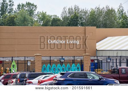 PLATTSBURGH USA - AUGUST 23 2017 : Walmart Outdoor living department. Walmart is an American multinational retailing corporation that operates as a chain of hypermarkets