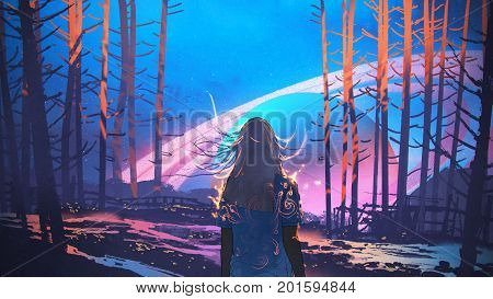 woman standing alone in forest with fictional planets backgroundม digital art styleม illustration painting