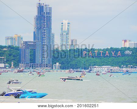 PATTAYA THAILAND - AUGUST 20 2017: City Pattaya landscape. Pier of Pattaya city in Chonburi Thailand. Pattaya city is located on Thailand's eastern Gulf coast known for the beaches.