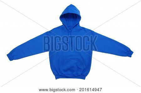 spread blank hoodie sweatshirt color blue front view on white background
