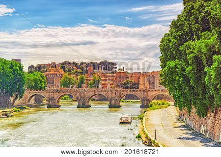Sant'angelo (eliev) Bridge ( Ponte Sant'angelo) In Centre Of Rome, Italy.