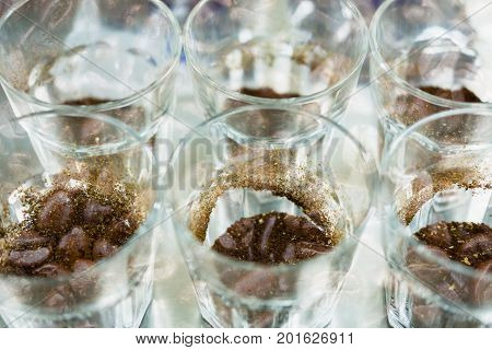 Glass Of Coffee For Taster To Smell And Taste Aromatic And Flavor Wheel. Aroma Perception In Brewed
