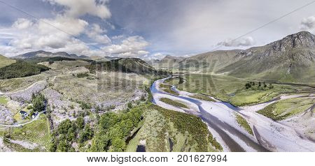 Aerial view of the paradisal landscape of Glen Etive, Scotland