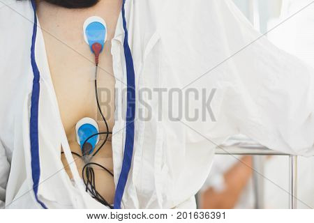 Patient Wearing Holter Monitor Device For Monitoring Of An Electrocardiogram 24 Hour Heart Investiga