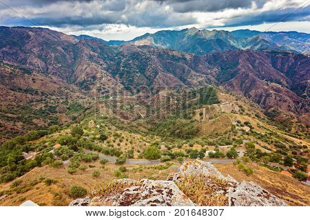 Panoramic View On Hills Near Bova In Calabria Overcast Weather