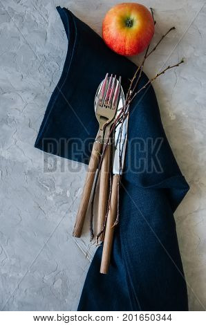 White Plate, Red Apple And Brunches On A Wooden Background. Autumn, Thanksgiving, Halloween Concept.
