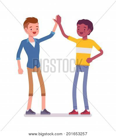 Young men giving high five. Pleased to meet people, after successful interviewing. Friendship and communication concept. Vector flat style cartoon illustration, isolated, white background