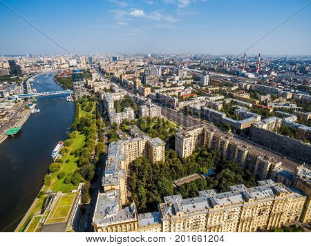 Aerial view of Moscow, Russia, Moskva River and Kutuzovsky prospekt.