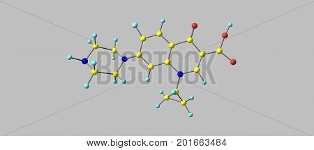 Ciprofloxacin is an antibiotic used to treat a number of bacterial infections.This includes bone and joint infections intra abdominal infections infectious diarrhea respiratory tract infections. 3D illustration