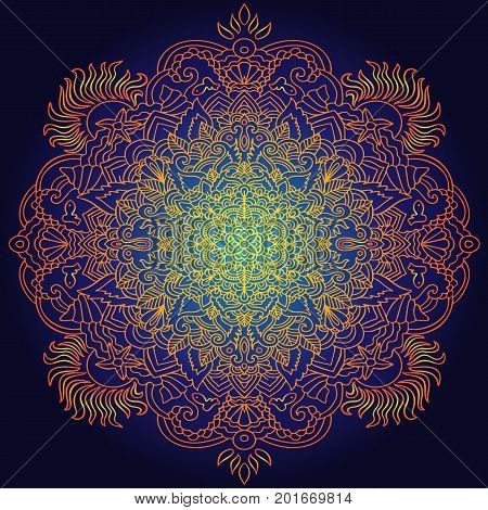 Ethnic pattern. Authentic mandala orange and green print on black background. Vector illustration