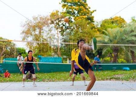 Thai Men Playing Sepak Takraw Takro