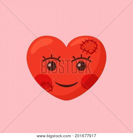 Simple illustration of heart with smiling face and patchs.