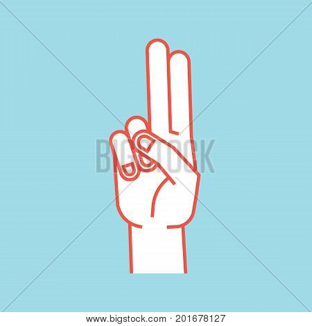 Gesture. Stylized hand with index and middle finger connect and up. Icon. Vector illustration on a blue background. Making promise sign by hands. Orange lines and white silhouette. Logo. Print.