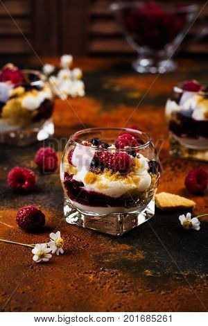 Homemade dessert in glass jars. Cheesecake, trifle, mouse on grunge stone background. Copy space