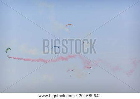 Radom, Poland - August 26, 2017 :the Flying Dragons Aerobatic Group Of Paramotor Flying In The Air S