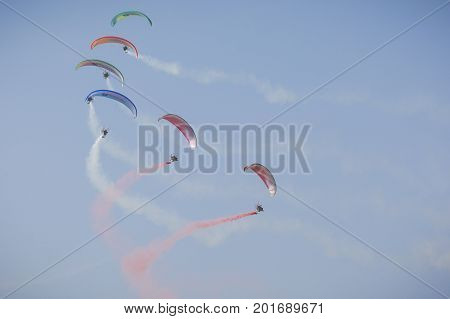 Radom, Poland - August 26, 2017 :the Flying Dragons Aerobatic Group Of Paramotor Flying In The Air S