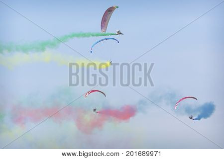 Radom, Poland - August 26, 2017 :the Flying Dragons Aerobatic Group Of Paramotor Flying In The Air S