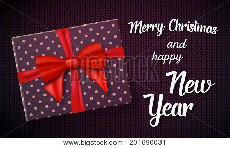 Illustration of Vector Marry Christmass Greeting Card. Realistic Gift Box with Red Ribbon on Kneeted Pattern Background
