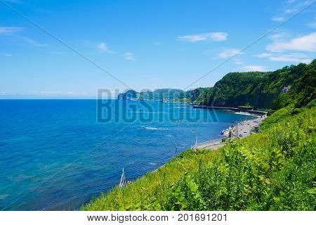 Beautiful background scenic seaside road with blue sky sunny day on the way to Otaru Hokkaido Japan