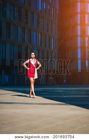 A Sexy Lady Business Is Going Near The Business Center In An Elegant Clothes . Fashion. Business.