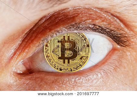 Human Eye With Coin Bitcoin Instead Of Pupil