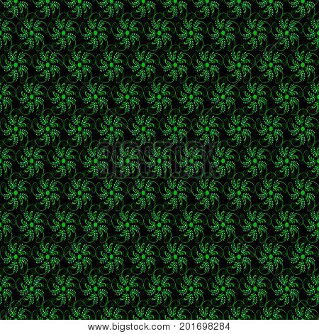 Seamless green floral pattern, black background, texture