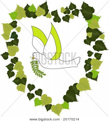 Paloma en hojas en vector de forma de corazón