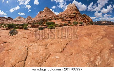 Vivid sandstone formation in Coyote Buttes North. These formations could be seen in Paria Canyon-Vermilion Cliffs Wilderness between the towns of Kanab, Utah and Page, Arizona. USA. Panorama