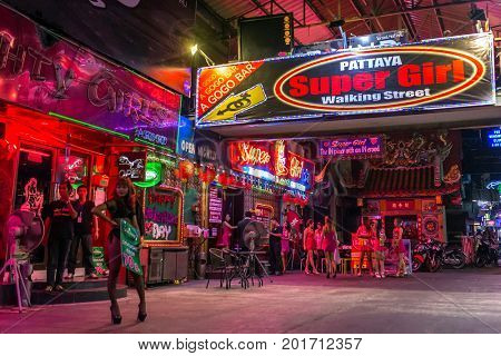 Pattaya, Thailand -March 6, 2017: Walking Street in Pattaya at night. The street is a tourist attraction primarily for night life and entertainment.