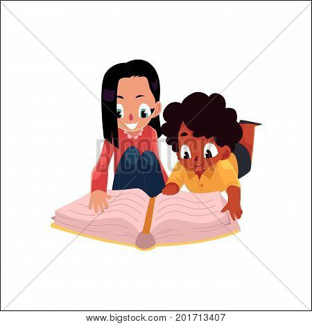 Two kids, girls reading an interesting book lying on the floor, cartoon vector illustration isolated on white background. Two kids, girls, black and Caucasian, reading a book, lying on the floor