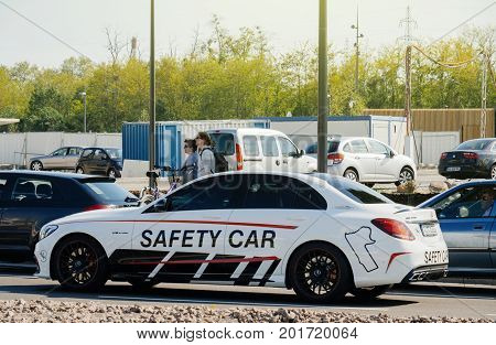 KEHL GERMANY - APR 28 2017: Sport Safety car made by Mercedes-Benz AMG driving on the street of the German city. In motorsport a safety car or pace car is a car which limits the speed of competing cars on a racetrack in the case of a caution period such a
