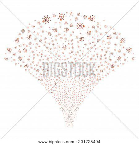 Source stream of light bulb icons. Vector illustration style is flat intensive red and orange iconic symbols on a white background. Object stream constructed from scattered icons.