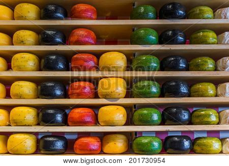 Cheese shop in Gouda Netherlands - food background